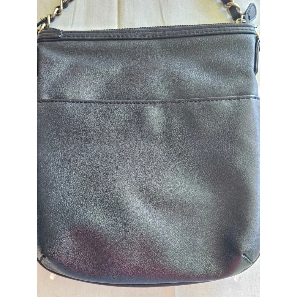 Nicole Miller Black Faux Leather‎ Crossbody Bag Floral Embroidery Chain Strap